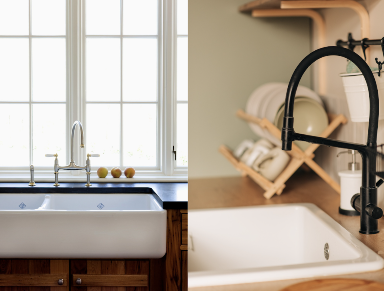 A white drop in sink next to a farmhouse style undermount sink.