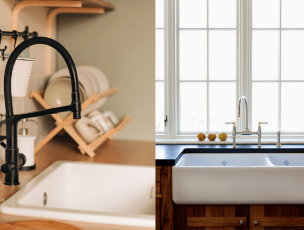 A white drop in sink next to a farmhouse style undermount sink.