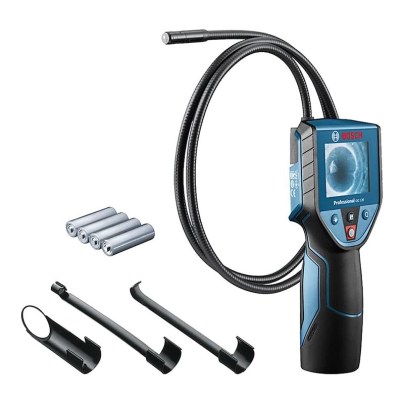 The Bosch GIC 120 Professional Inspection Camera and its attachments on a white background.