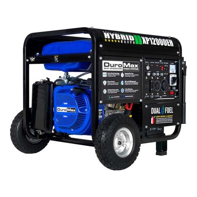 Blue and black DuroMax 12,000-Watt Dual-Fuel Portable Generator on white background