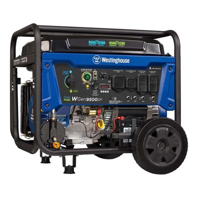 Blue Westinghouse WGen9500DF Dual-Fuel Generator on a white background