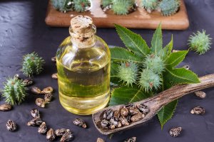 A vial of castor oil sits next to beans and plants.