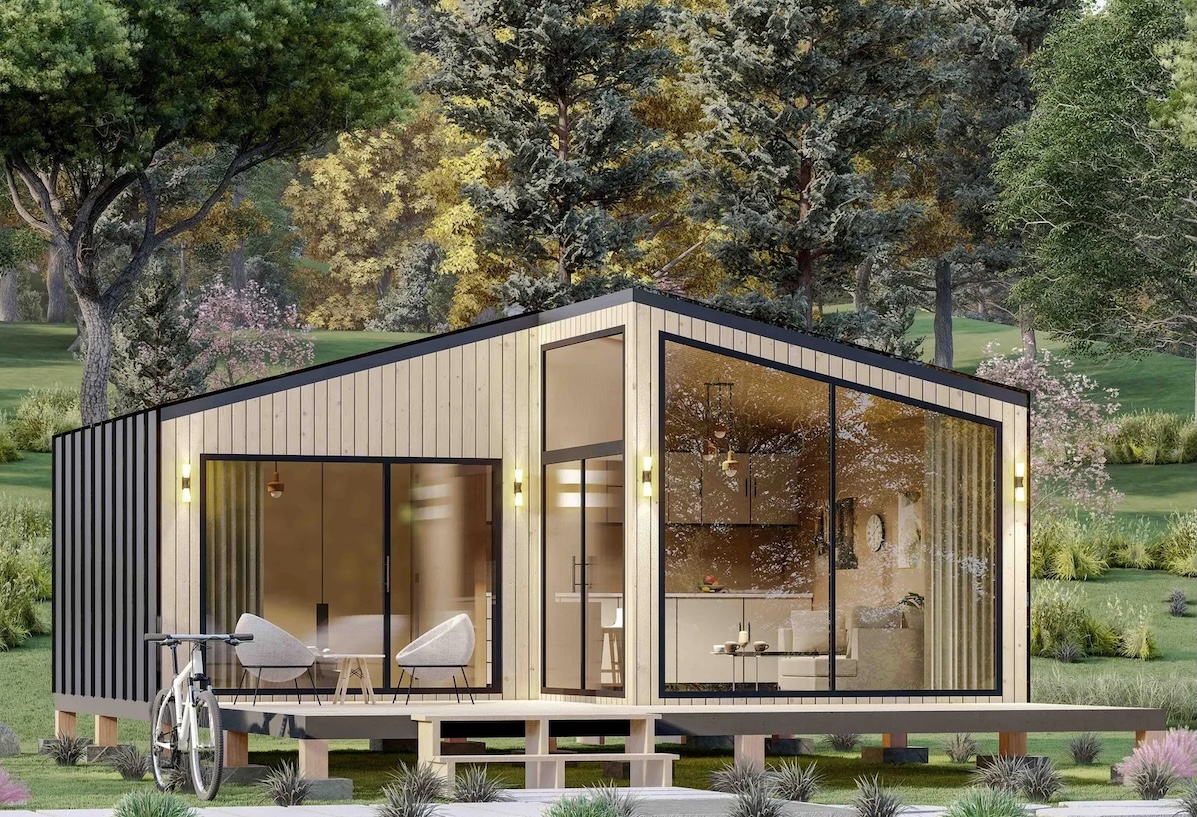 Rendering of a light-wood modern cottage with tall glass windows, black metal walls, and a light wood wrap deck.