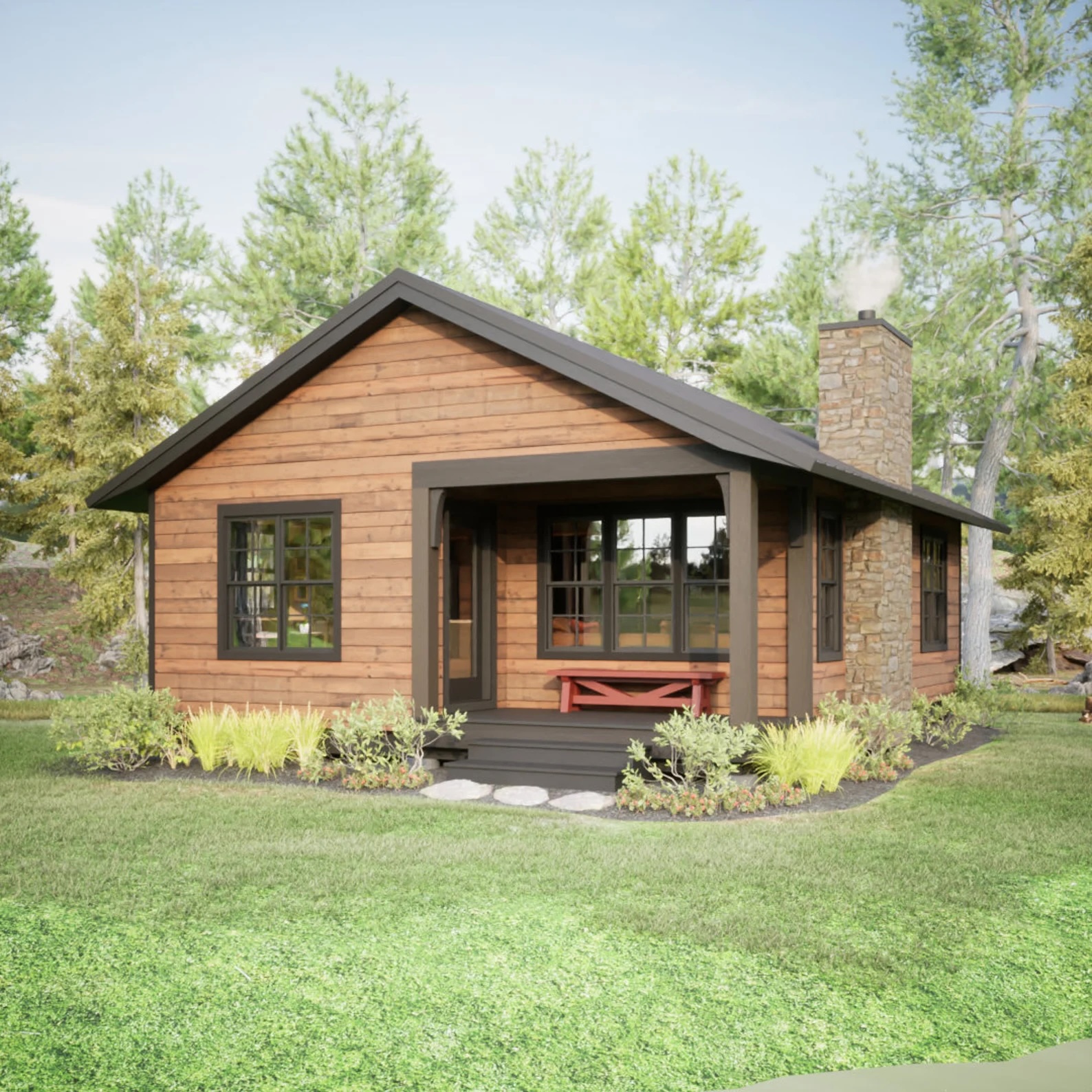 Wood cabin with covered front porch and stone fireplace.