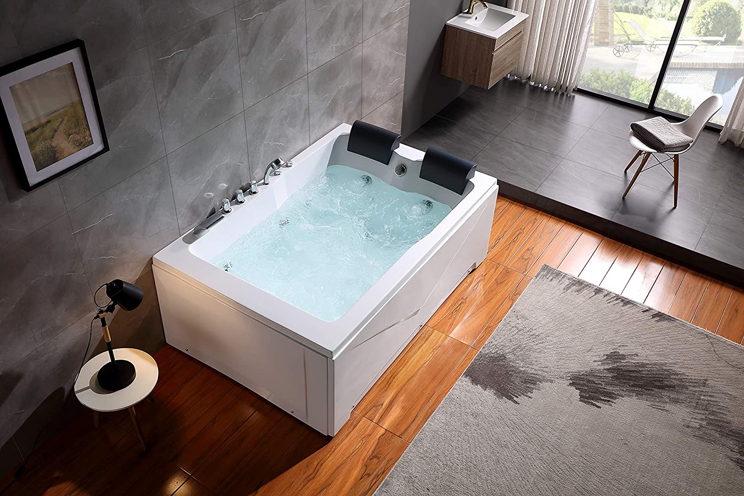 Looking down on the best whirlpool tub option installed in a modern bathroom