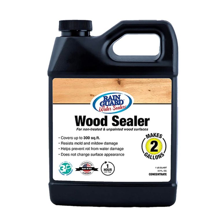  A jug of Rain Guard Water Sealer on a white background.