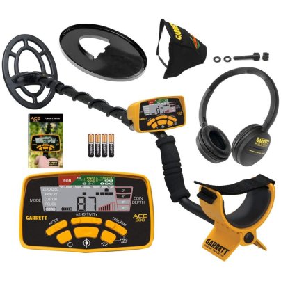 The Garrett Ace 300 Metal Detector and its accessories on a white background.