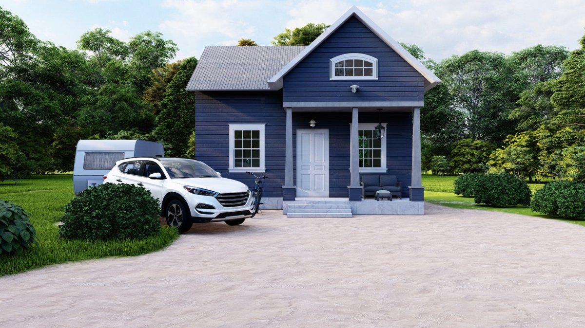 Small blue house with a large driveway in front.