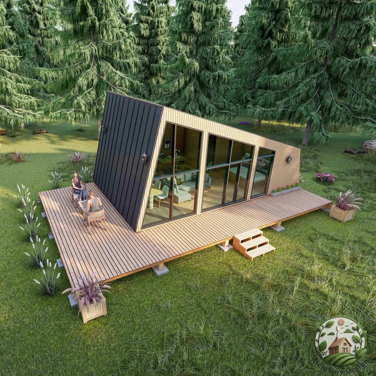 Angular, modern cabin with wrapping black roof and wraparound terrrace.