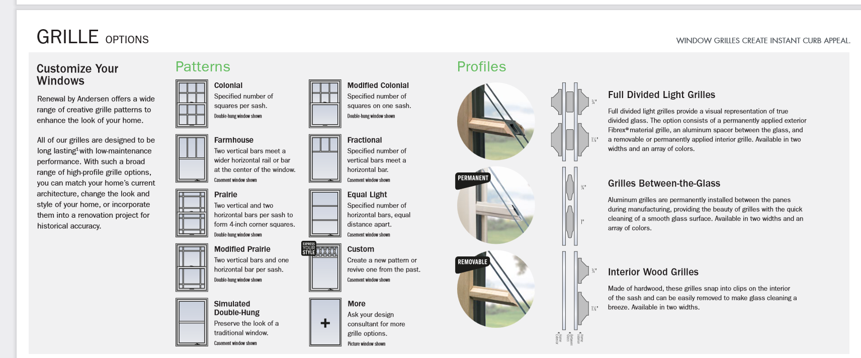 A screenshot of window grille options on the Renewal by Andersen website.