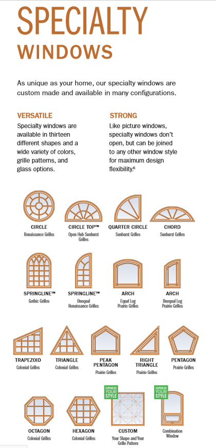 A screenshot of window styles and designs on the Renewal by Andersen website.