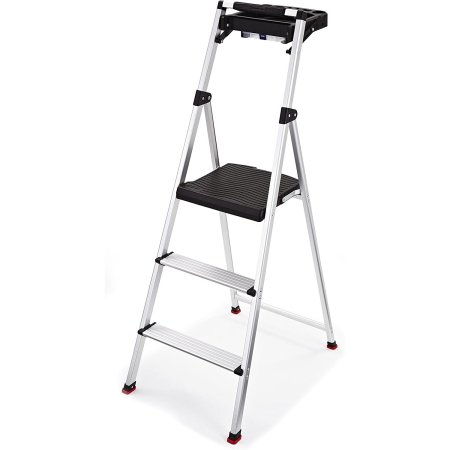  The Rubbermaid 3-Step Aluminum Stool With Project Tray on a white background.