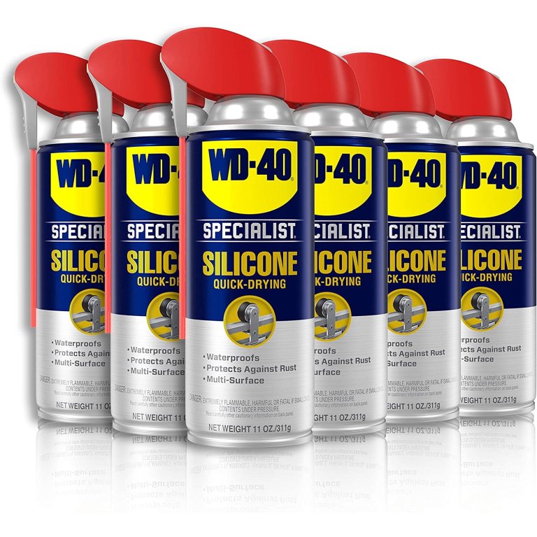  6 cans of WD-40 Specialist Silicone Lubricant in a line on a white background