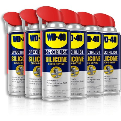 6 cans of WD-40 Specialist Silicone Lubricant in a line on a white background