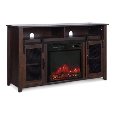 The Enstver TV Stand With Electric Fireplace displaying a glowing fire on a white background.