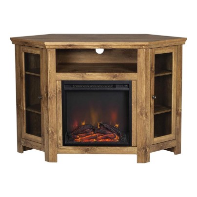 The Walker Edison 48-Inch Wood Corner Fireplace TV Stand on a white background with a glowing fire inside.
