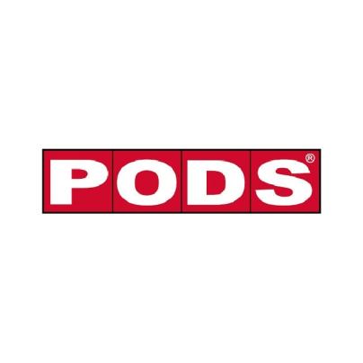 The word 'PODS' is written in white block letters and appears in a red box against a white background.