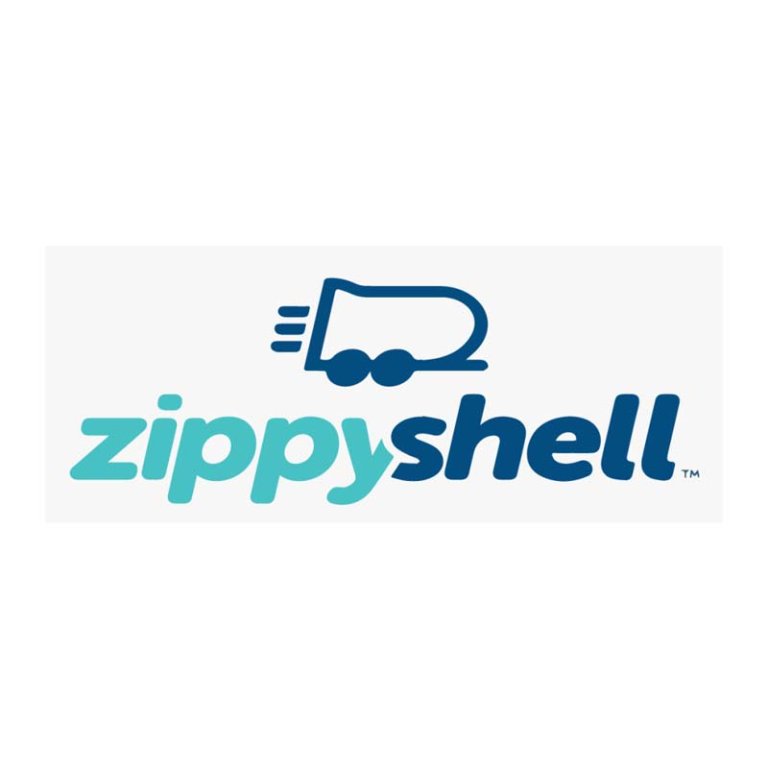  The blue truck-shaped Zippy Shell logo appears above the company's name written in blue and turquoise letters, set against a white background.