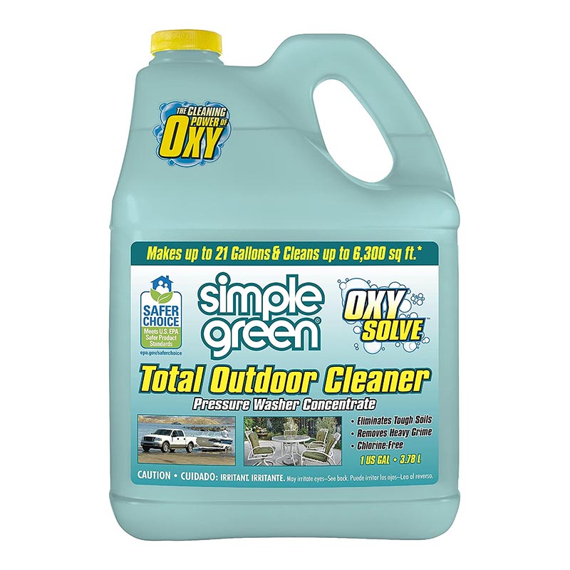 A jug of Simple Green Oxy Solve Total Outdoor Cleaner on a white background.