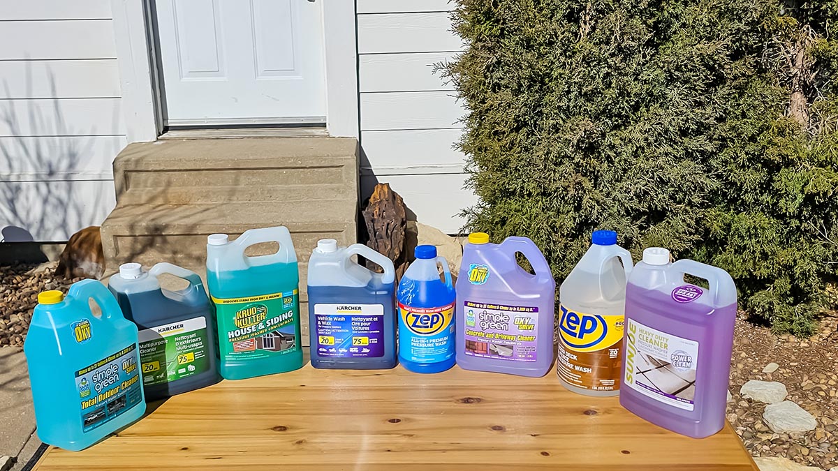 A group of the best pressure washer soaps outside before testing.