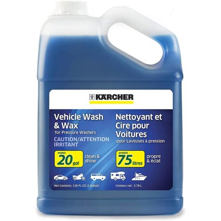  A jug of blue Karcher Vehicle Wash and Wax Detergent on a white background.