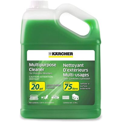 A jug of green Karcher All-Purpose Detergent for Pressure Washers on a white background.