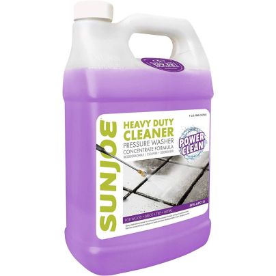 A jug of purple Sun Joe Heavy-Duty Pressure-Washer-Rated Cleaner on a white background.