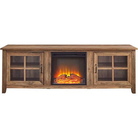  The Walker Edison Simple Fireplace Console with a glowing fire inside and shown on a white background.