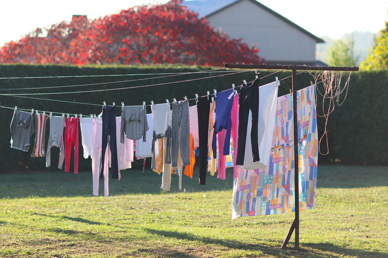 Colorful clothing on a clothesline. 