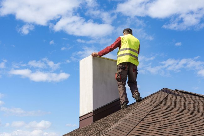 A worker in a yellow reflective vest assesses a chimney, as seen form below.