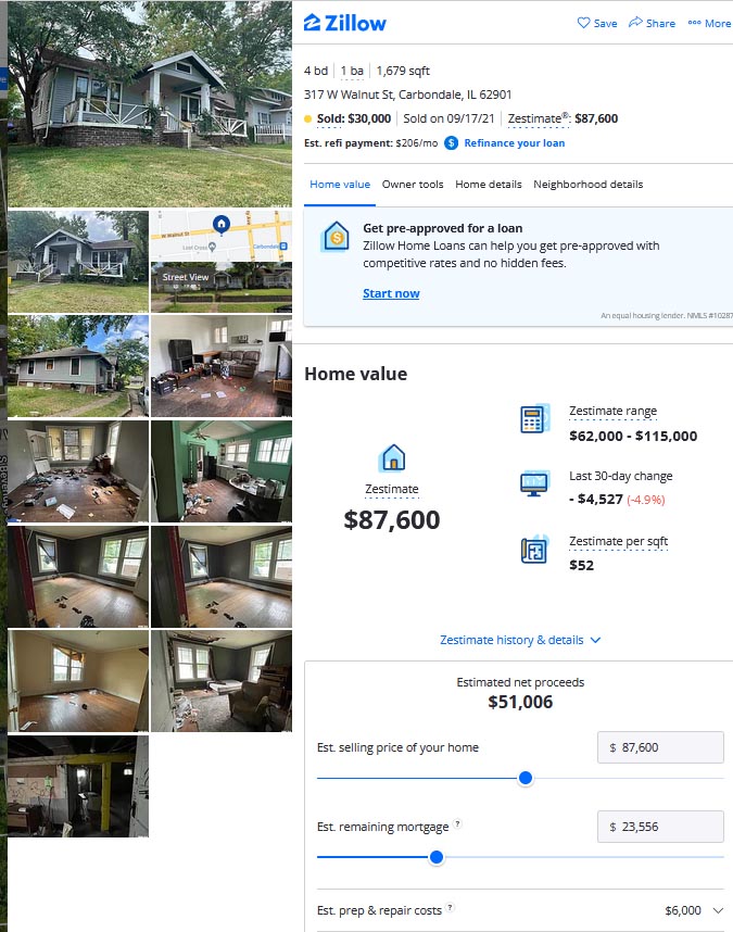 Zillow Review data for home recently sold