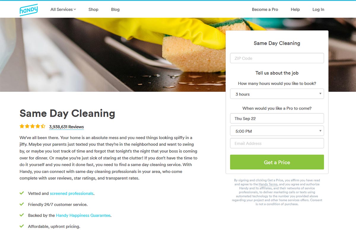 Handy Review same day cleaning