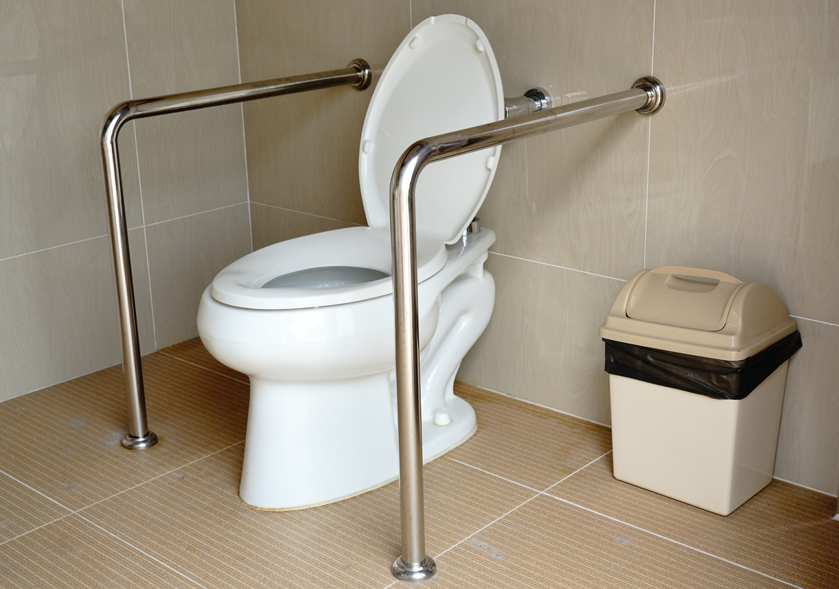 A close up of grab bars surrounding a toilet.