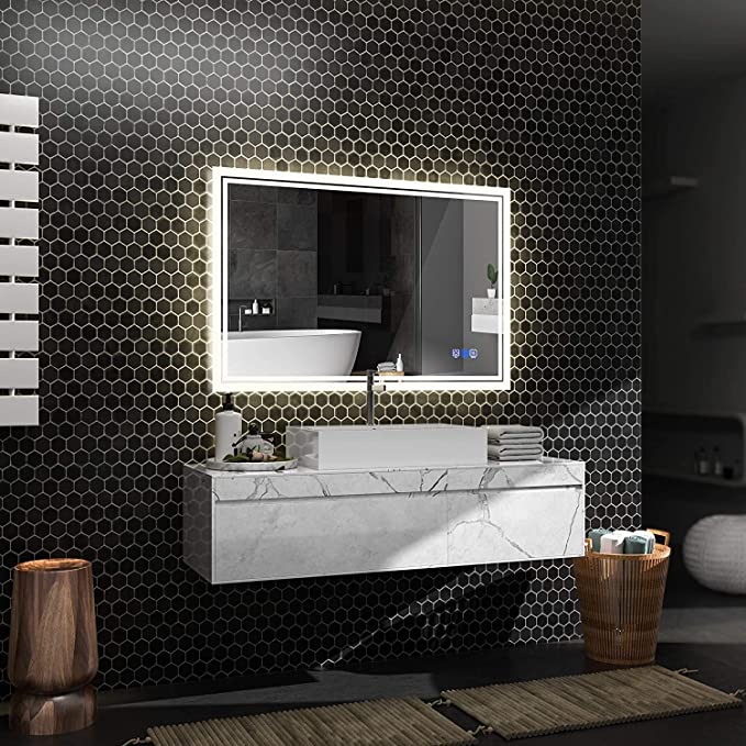 ANTEN backlit LED mirror in a dark, modern bathroom.