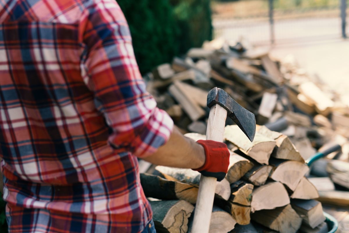 Man in red flannel shirt splits wood with a hatchet next to the bunch of trees