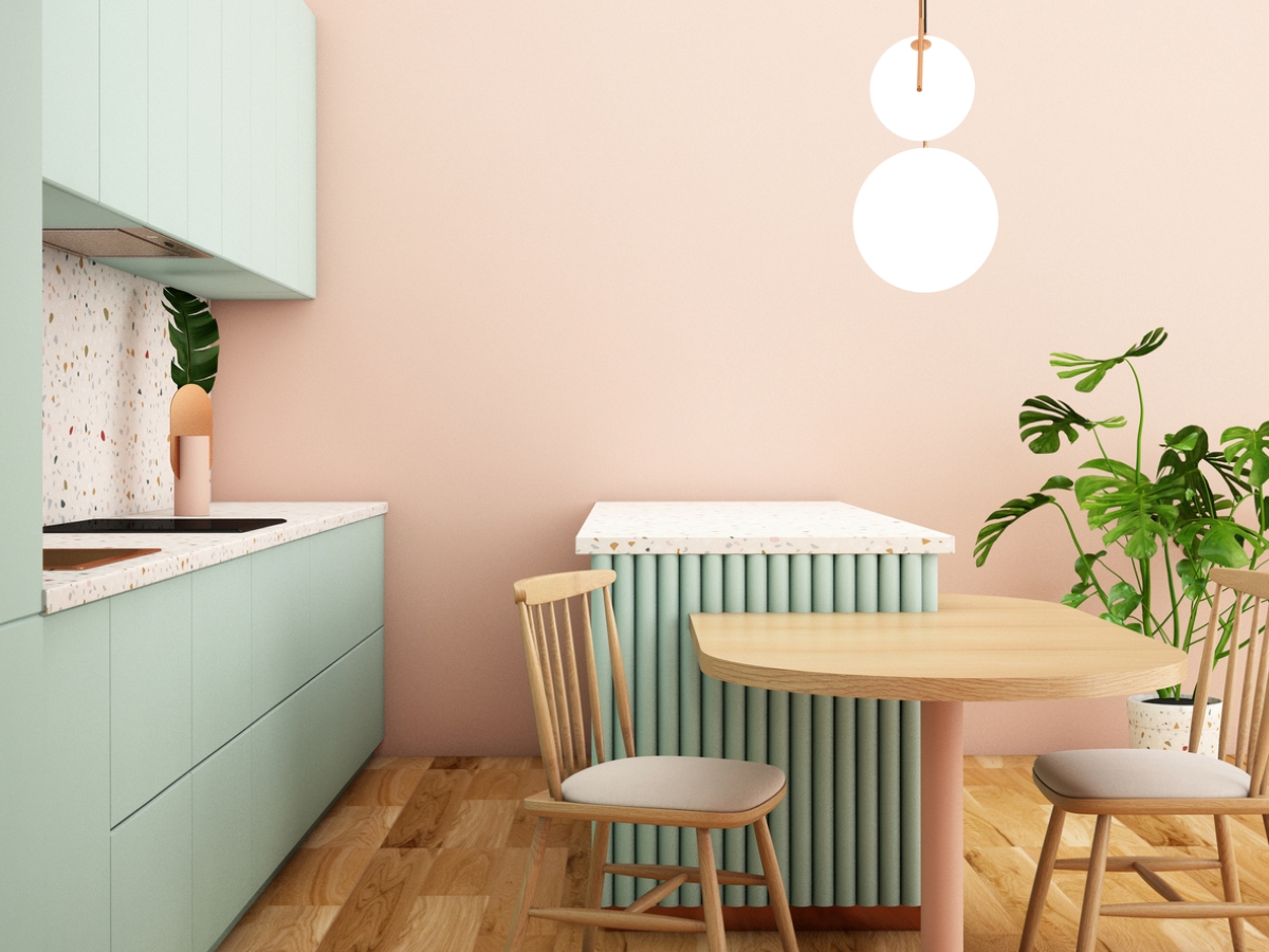wall and trim color combinations - light pink kitchen with green trims