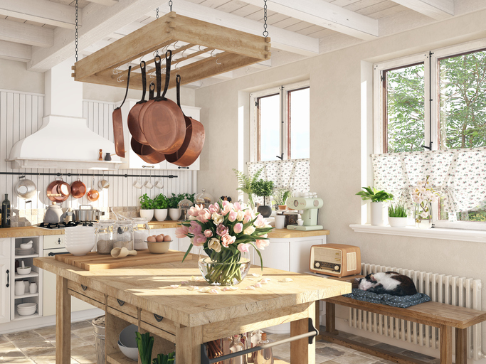 match your home style with your decorating style cottage kitchen with wood island and flowers