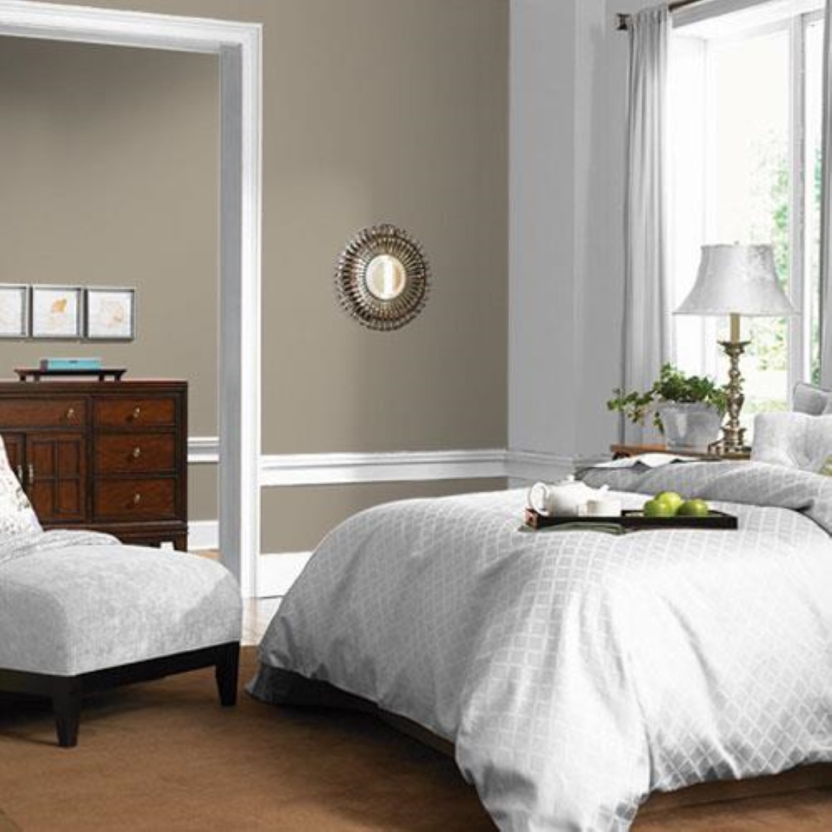 wall and trim color combinations - greige wall with white trim bedroom