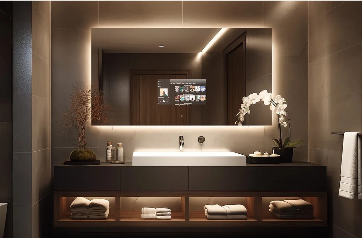 Oren Ellis 60" smart bathroom mirror in a dimmed bathroom