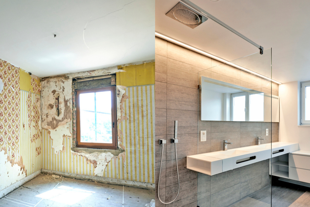 A picture of a bathroom in two stages: before a remodel and after a remodel.