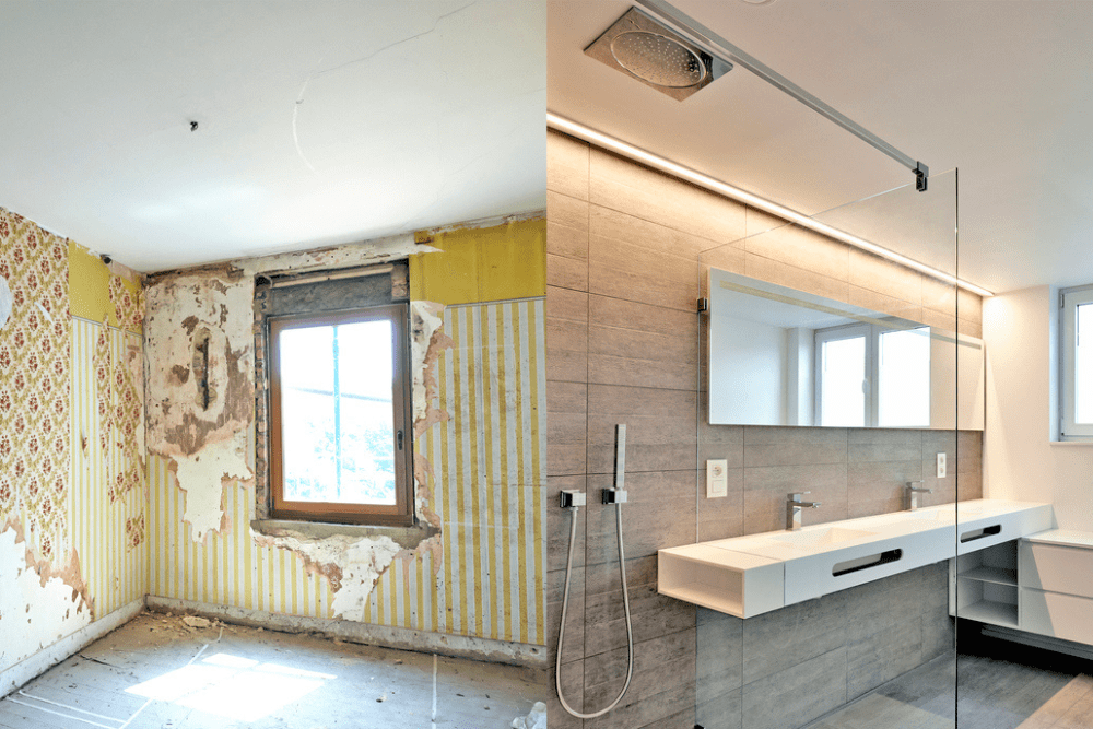 A picture of a bathroom in two stages: before a remodel and after a remodel.