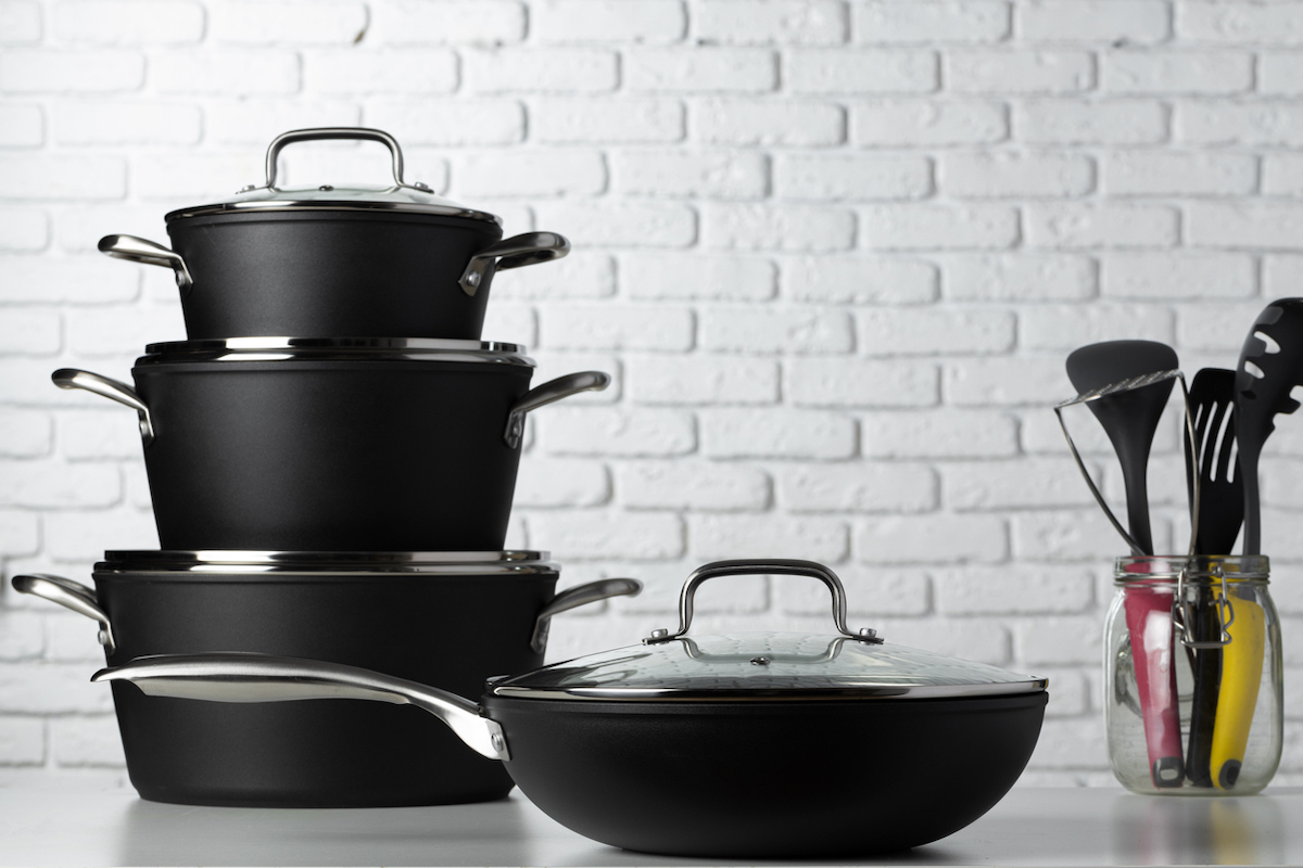 anodized aluminum cookware on countertop