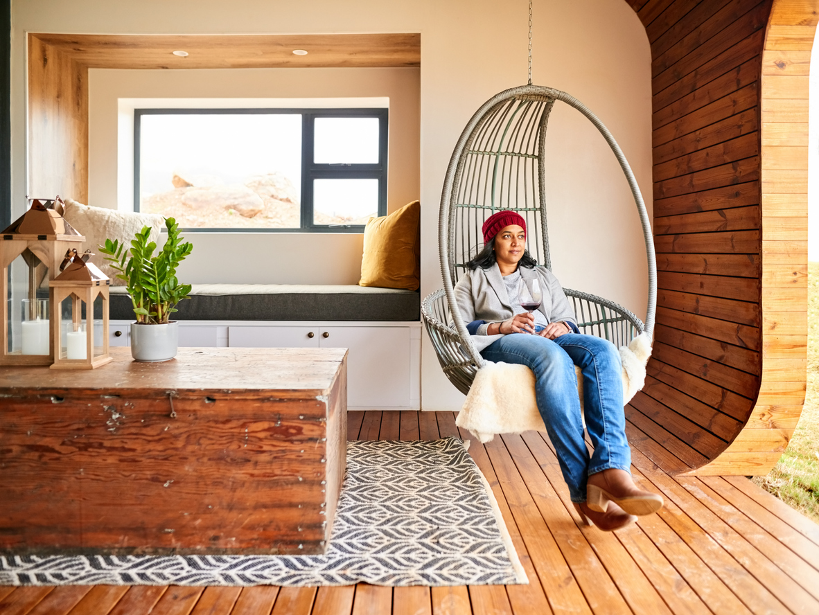 Modern, clean living room with a woman sitting in a hanging chair.