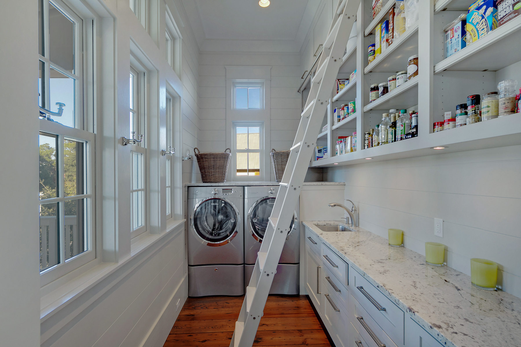 pantry laundry combo shelving with rolling ladder