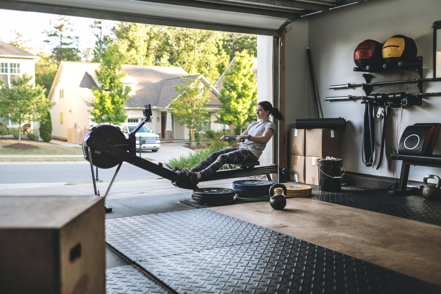 A garage has been converted to a gym.