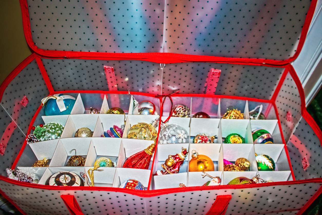 Christmas Ornaments in a clear organizational box