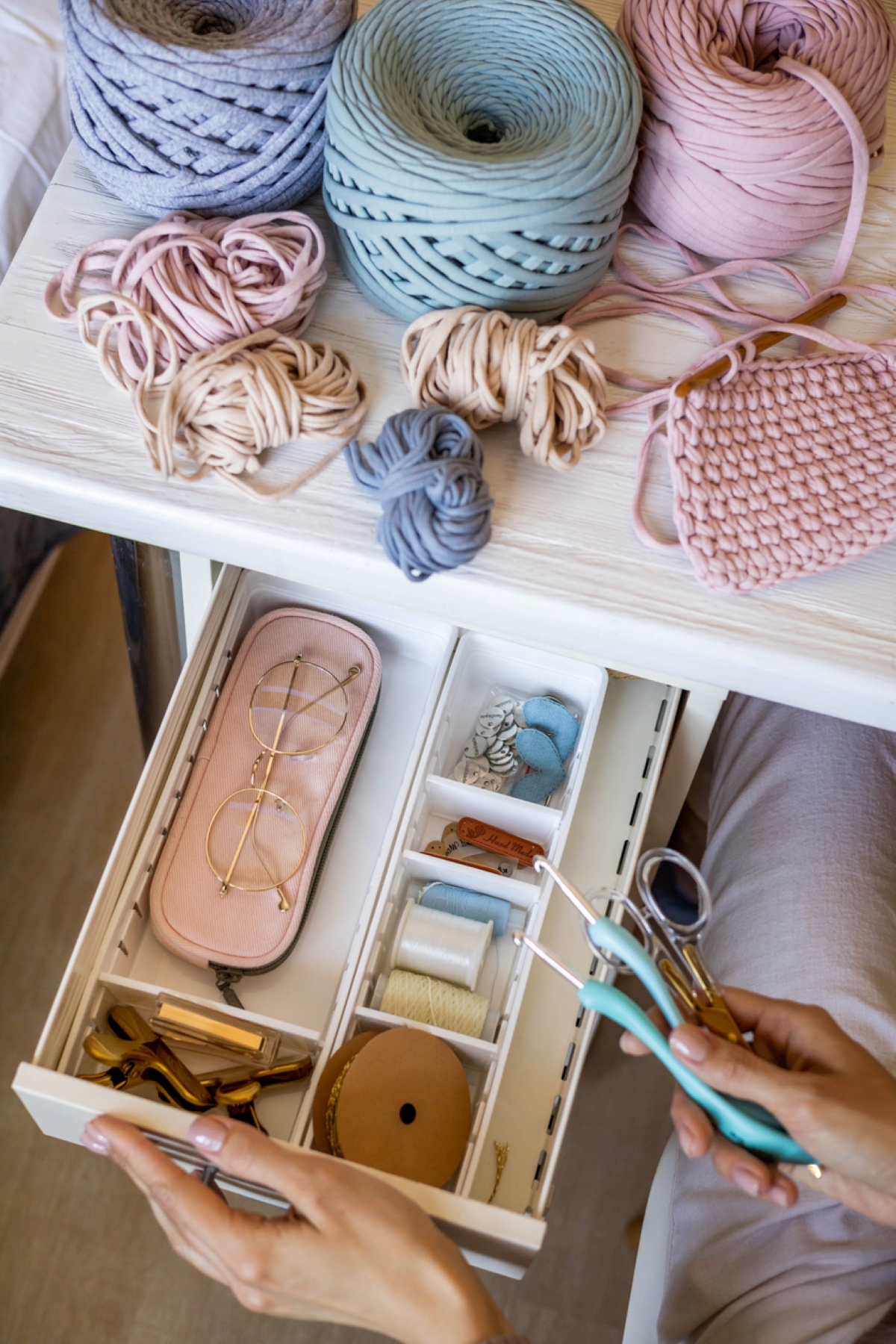 craft room ideas - crochet yarn and tools