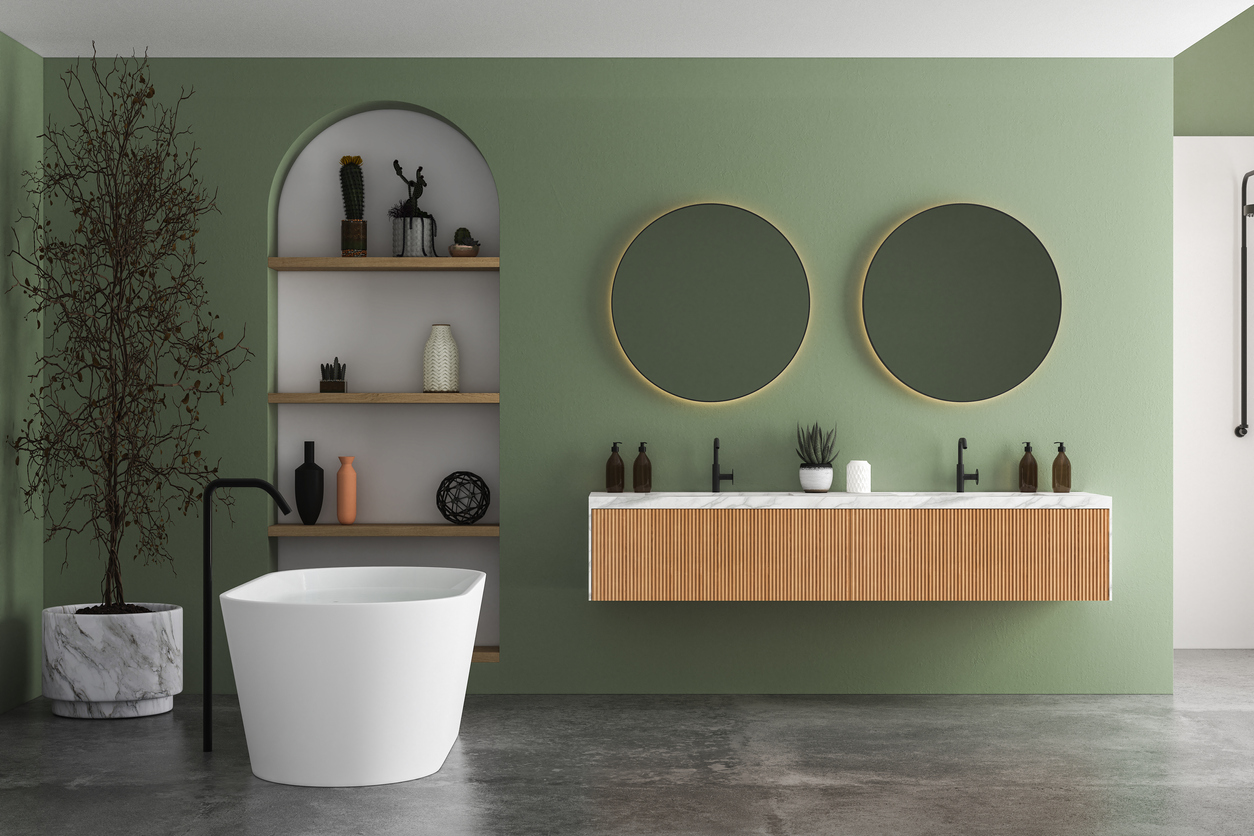 iStock-1406896925 interior design trends 2023 green bathroom