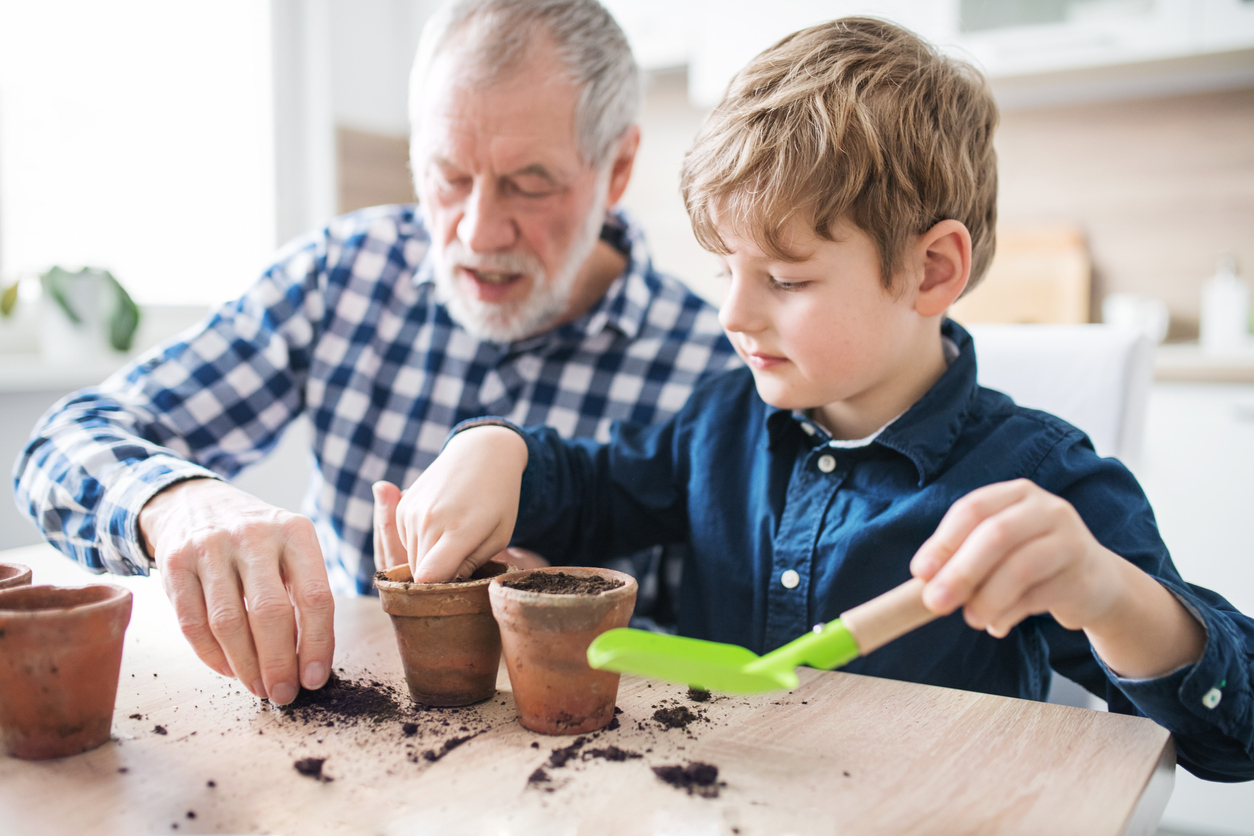 iStock-1028264082 must do february projects senior man and boy planting seeds indoors in small clay pots
