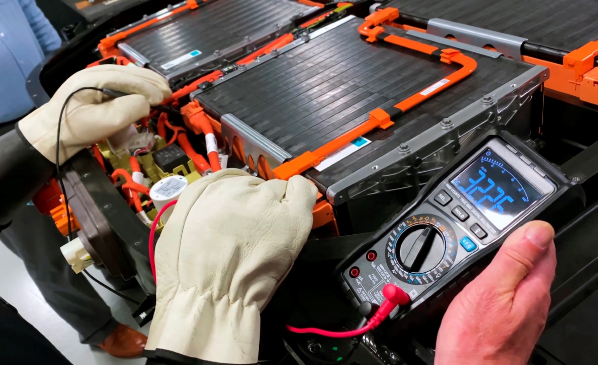 hidden costs of owning an electric car - mechanic measuring electric battery